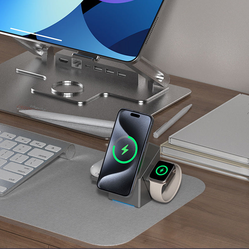 📱 3-in-1 Foldable Magnetic Charging Station – Perfect for Home, Work & Travel ✨ | 15W Fast Charging, Multi-Device & Compact!📱⌚