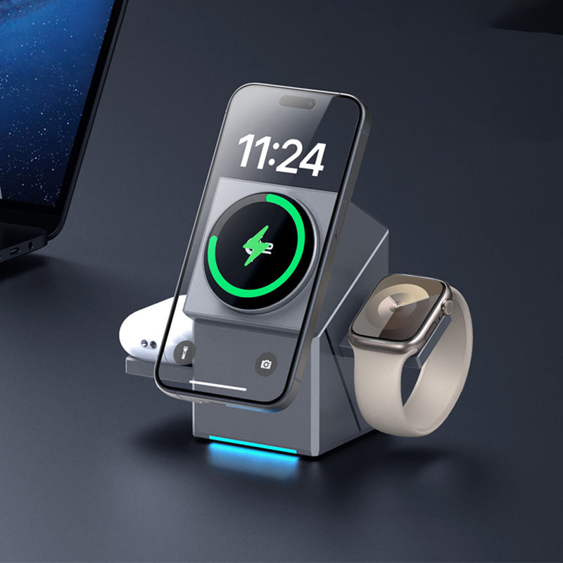 📱 3-in-1 Foldable Magnetic Charging Station – Perfect for Home, Work & Travel ✨ | 15W Fast Charging, Multi-Device & Compact!📱⌚