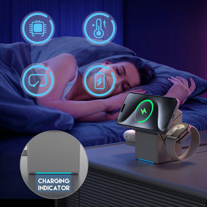 📱 3-in-1 Foldable Magnetic Charging Station – Perfect for Home, Work & Travel ✨ | 15W Fast Charging, Multi-Device & Compact!📱⌚